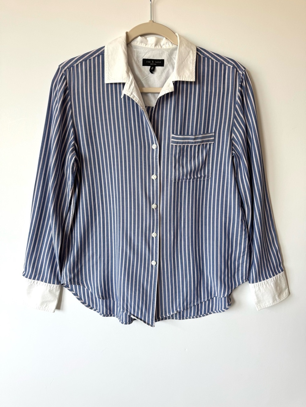 Rag & Bone Amelia Blue and White Striped Long Sleeve Notched Collar Shirt - Picture 3 of 8